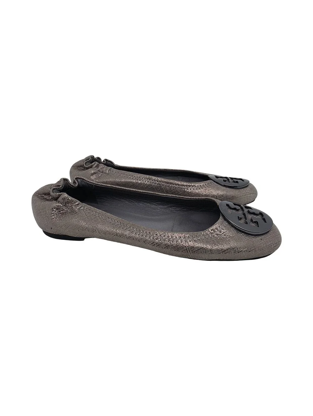 Tory Burch Reva Ballet Flats Pewter Metallic Textured Leather Size 5.5